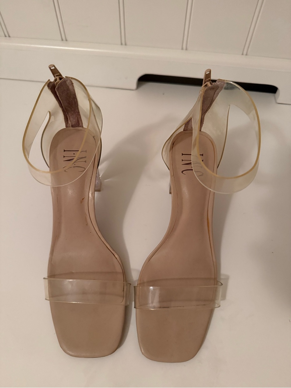 INC International Concepts Nude Clear Strap Block Heel Sandals
